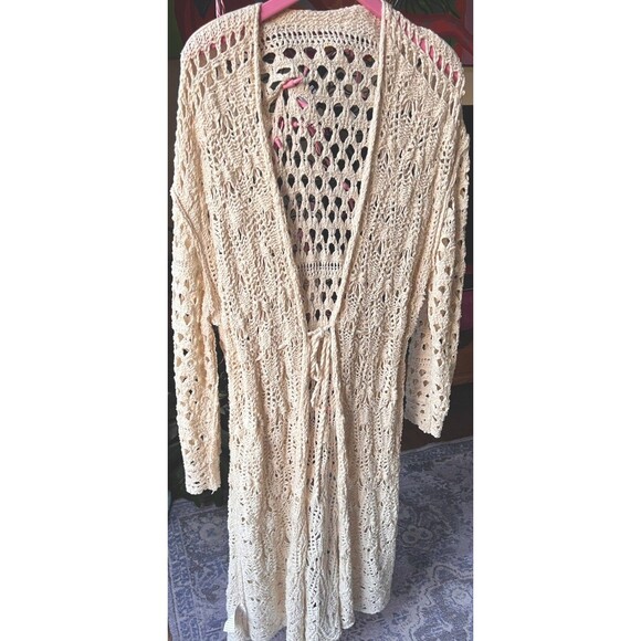 Free People Jackets & Blazers - Free People Long Crochet Cardigan Duster Sweater Cream Size Large Boho Festival